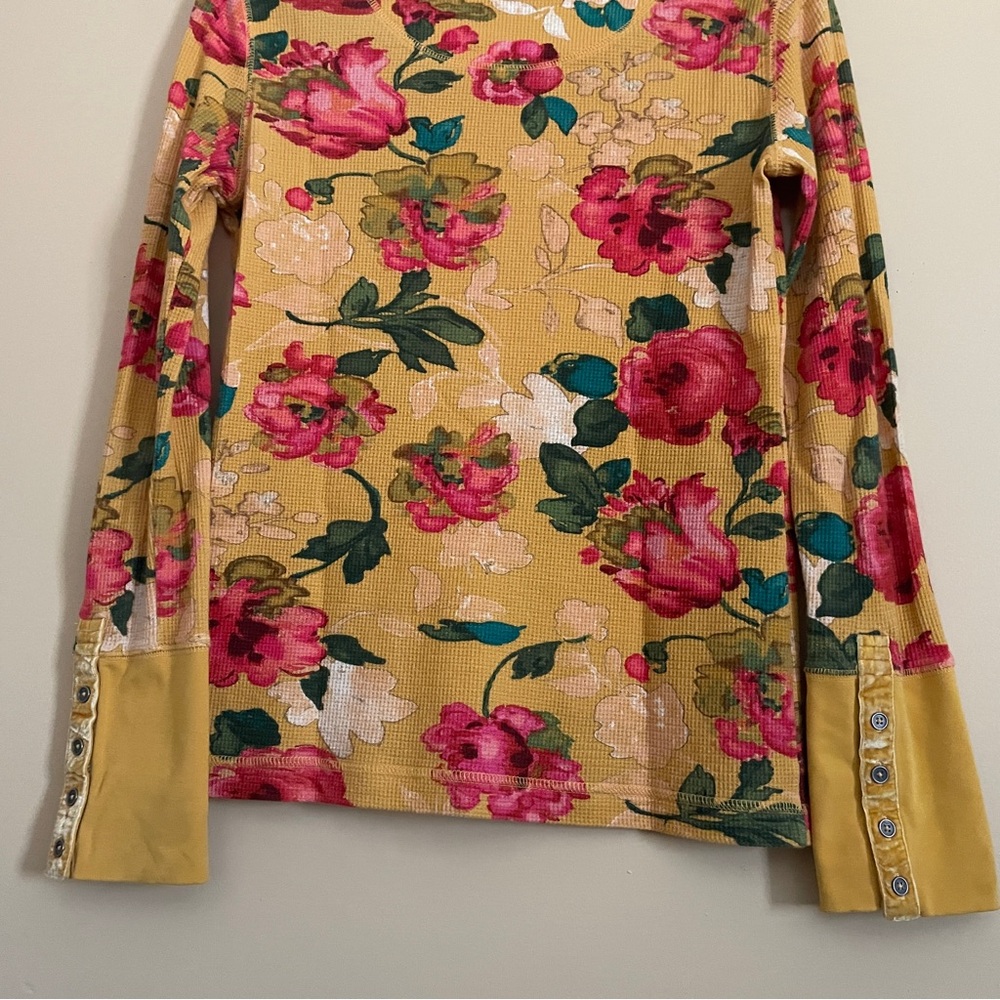 Sundance Floral Melanie Crewneck Top Small Thermal Waffle Knit Velvet Trim Cuff - Picture 9 of 10
